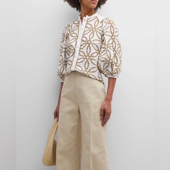 NEW Maison Common Eyelet Embroidered Linen Puff Sleeve Blouse - Picture 1 of 5